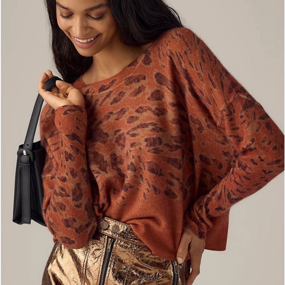 Anthropologie Burnt Orange Leopard-Print Scoop Neck Sweater